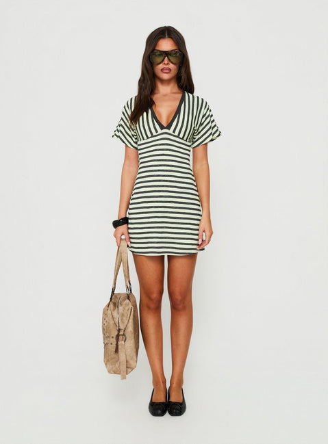 Arialla V Neck Short Sleeve Mini Dress Green / Charcoal Stripe