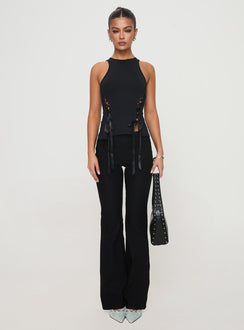 front view of model wearing Princess Polly Bisous Top Black Sleeveless Crew Neck 