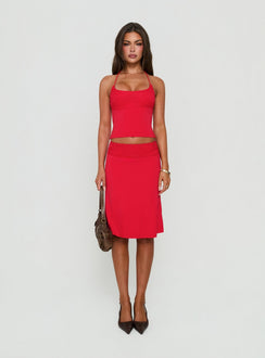 Zenaide Lace Detail Midi Skirt Red