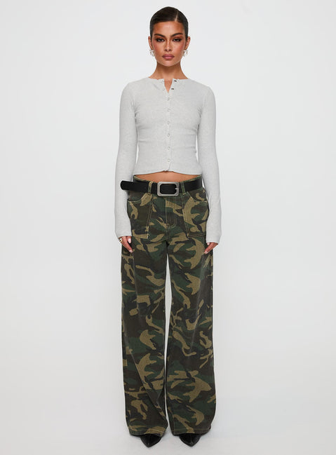 front view of model wearing Princess Polly Briony Jeans Camouflage Low Rise Jeans 