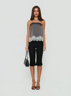Sheyla Strapless Satin Lace Trim Top Grey / White