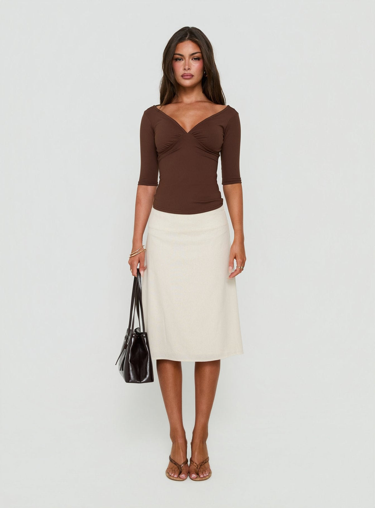 Daily Define Off Shoulder V Neck Top Brown