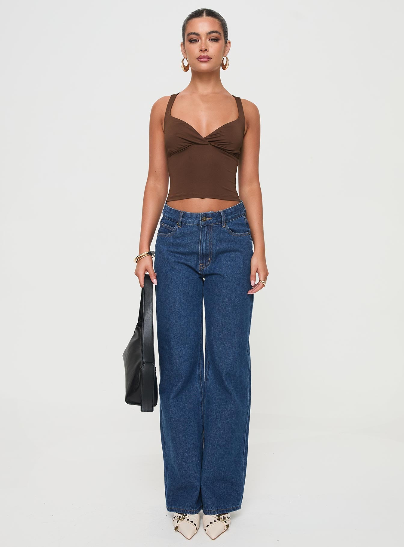 front view of model wearing Princess Polly Wandella Tank Brown Sleeveless Sweetheart 