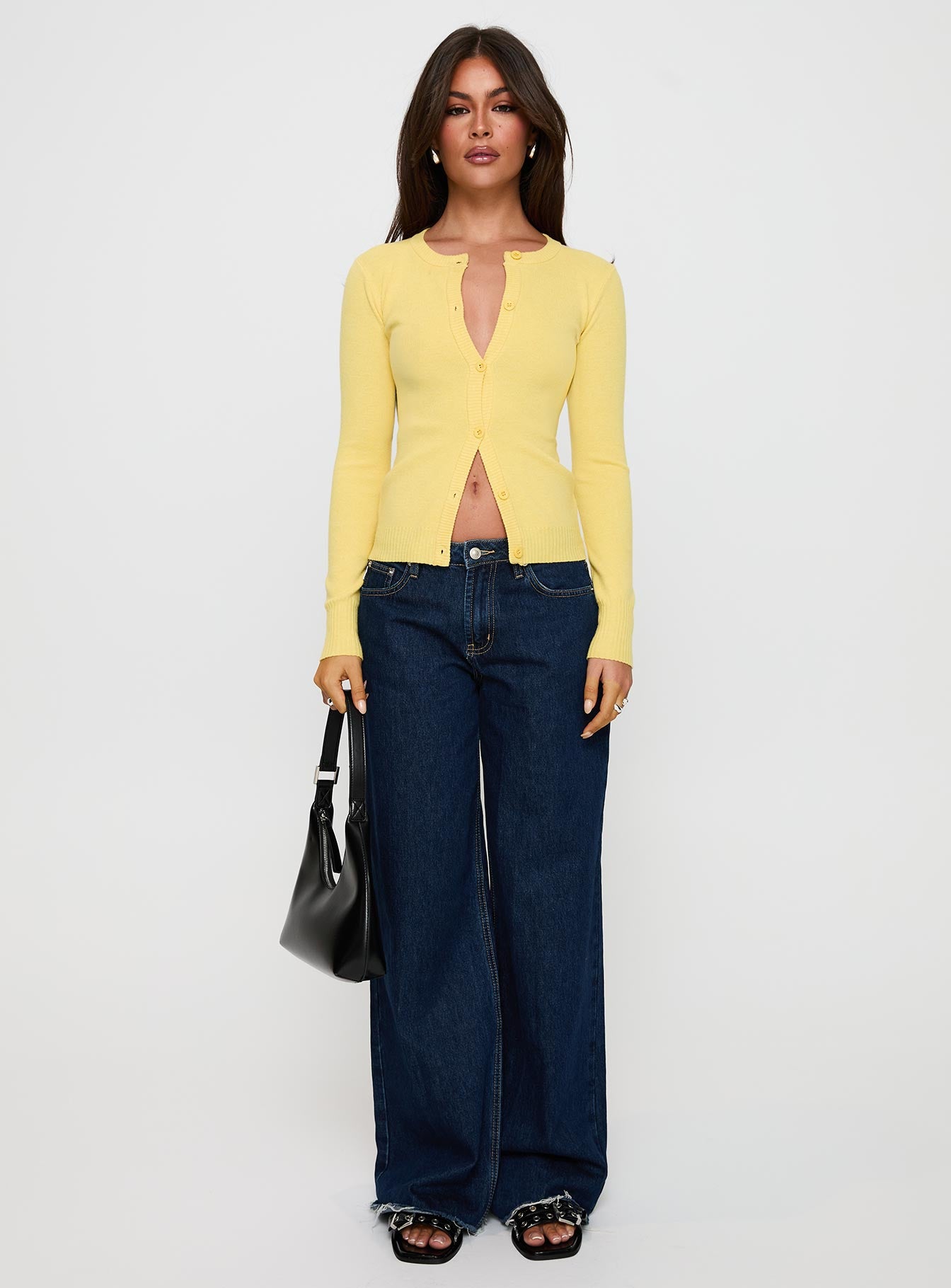 front view of model wearing Princess Polly Lauraine Cardigan Lemon Cropped 