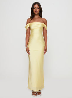 front view of model wearing Princess Polly Azura Off The Shoulder Maxi Dress Yellow Straight Neck 