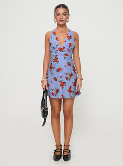 front view of model wearing Princess Polly Connelly Mini Dress Blue Floral Plunger 