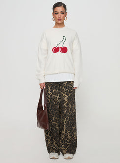 back view of model wearing Princess Polly Cherry Dreams Knit Jumper Cream Long 