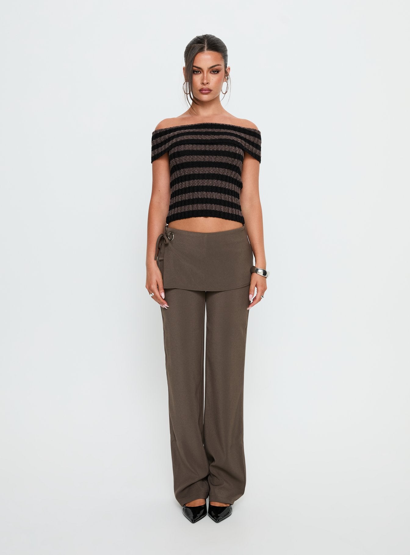 Murmur Off Shoulder Top Brown / Black Stripe