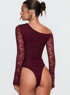 back view of model wearing Princess Polly Macaria Long Sleeve Lace Bodysuit Red Long Sleeve Tops 