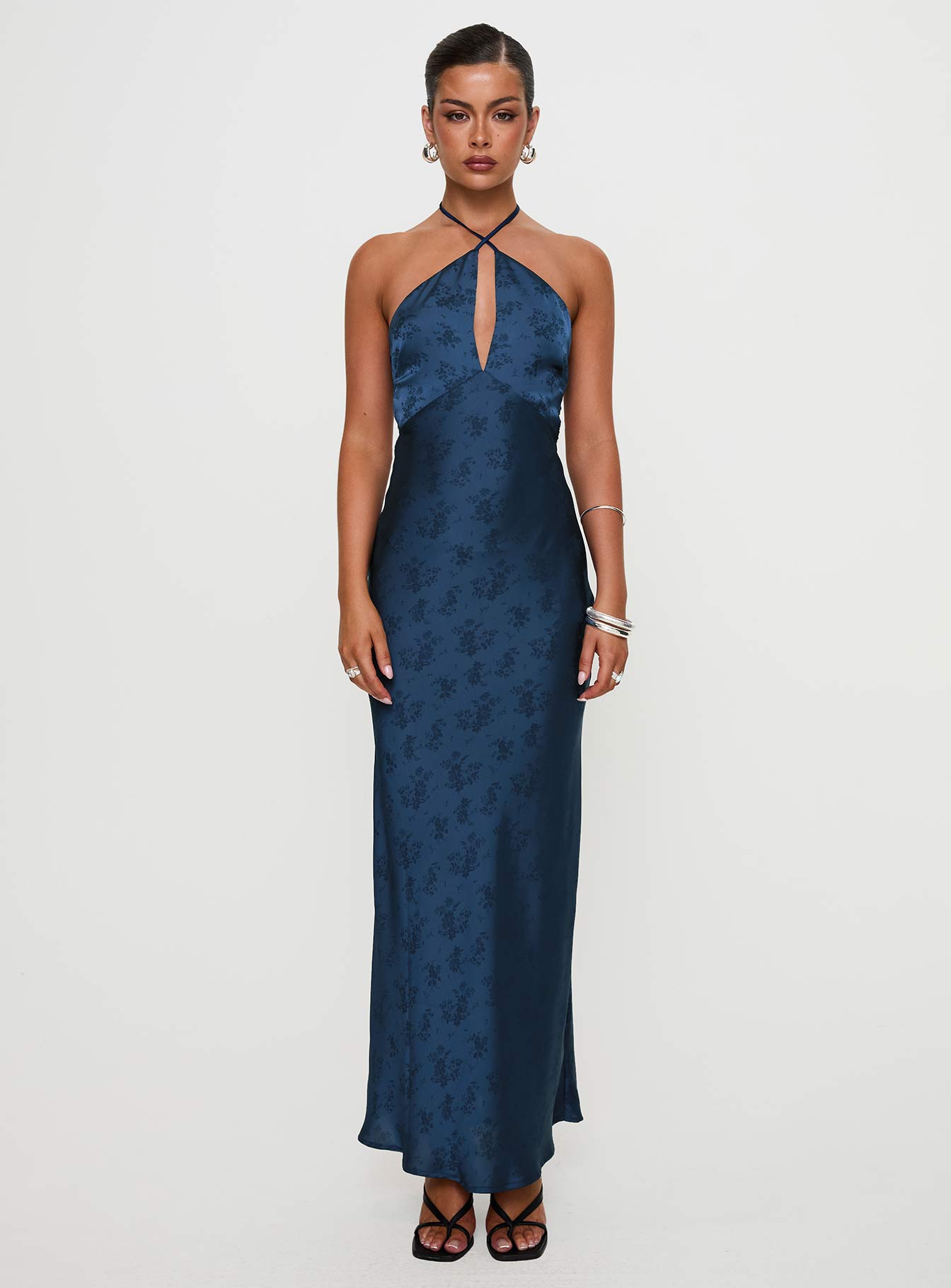 front view of model wearing Princess Polly Limosina Halter Maxi Dress Navy Plunger 