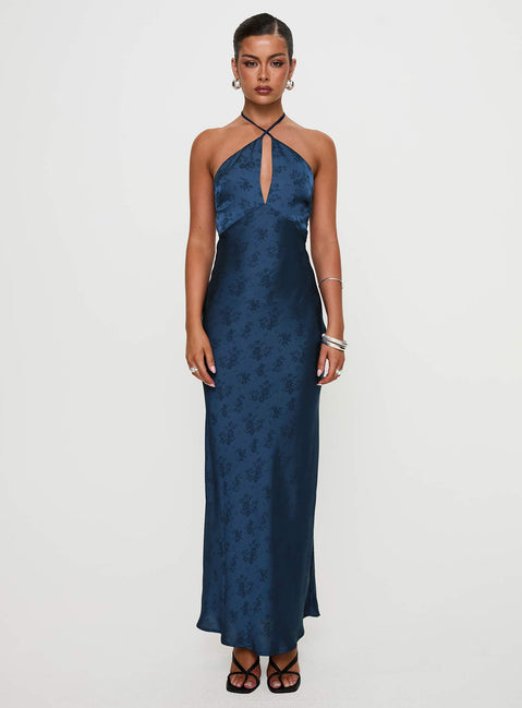 front view of model wearing Princess Polly Limosina Halter Maxi Dress Navy Plunger 