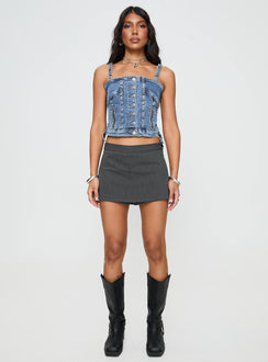 front view of model wearing Princess Polly Yappa Denim Top Mid Wash Sleeveless Square Neck 
