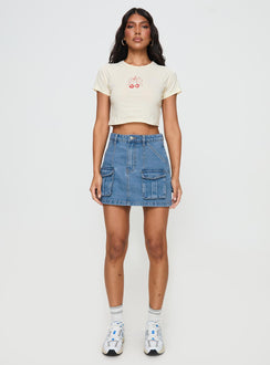   front view of model wearing Princess Polly Chillders Denim Mini Skirt Mid Wash Mini Skirts 