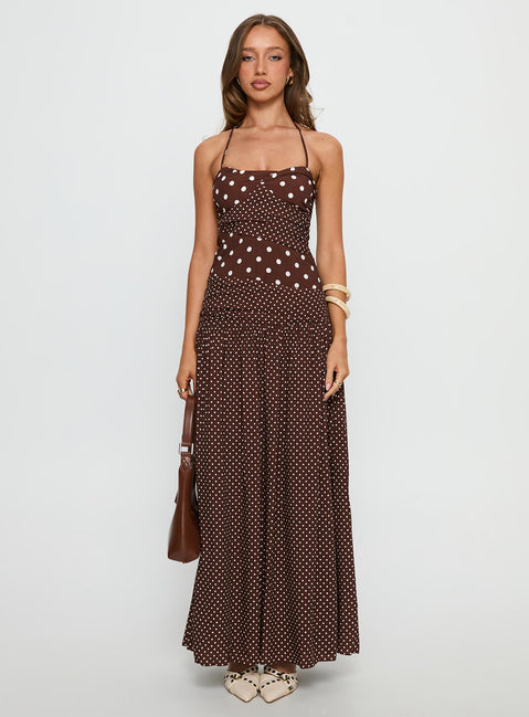 Marguerite Halter Maxi Dress Brown Polka Dot