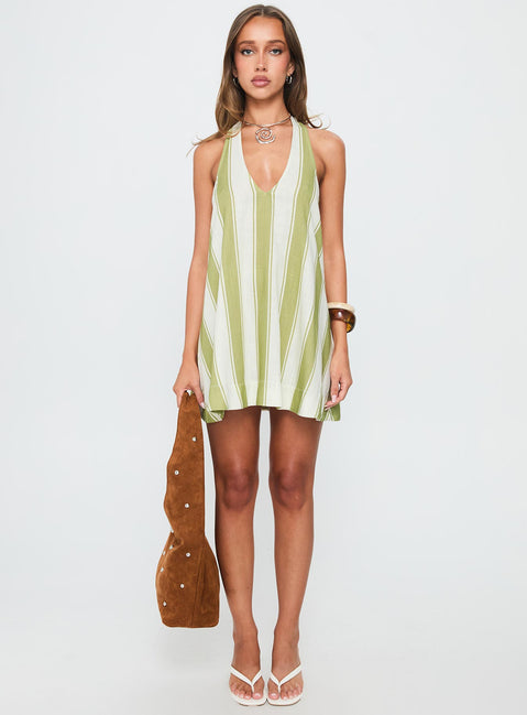 Khaia Halter Mini Dress Green / Cream Stripe
