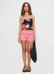 side view of model wearing Princess Polly Palladino Halter Top Pink / Black Sleeveless Sweetheart 