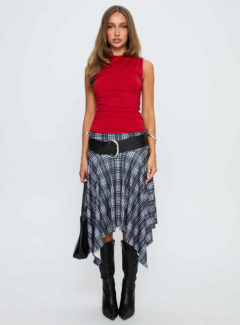 front view of model wearing Princess Polly Solani Top Red Sleeveless Boat Neck 