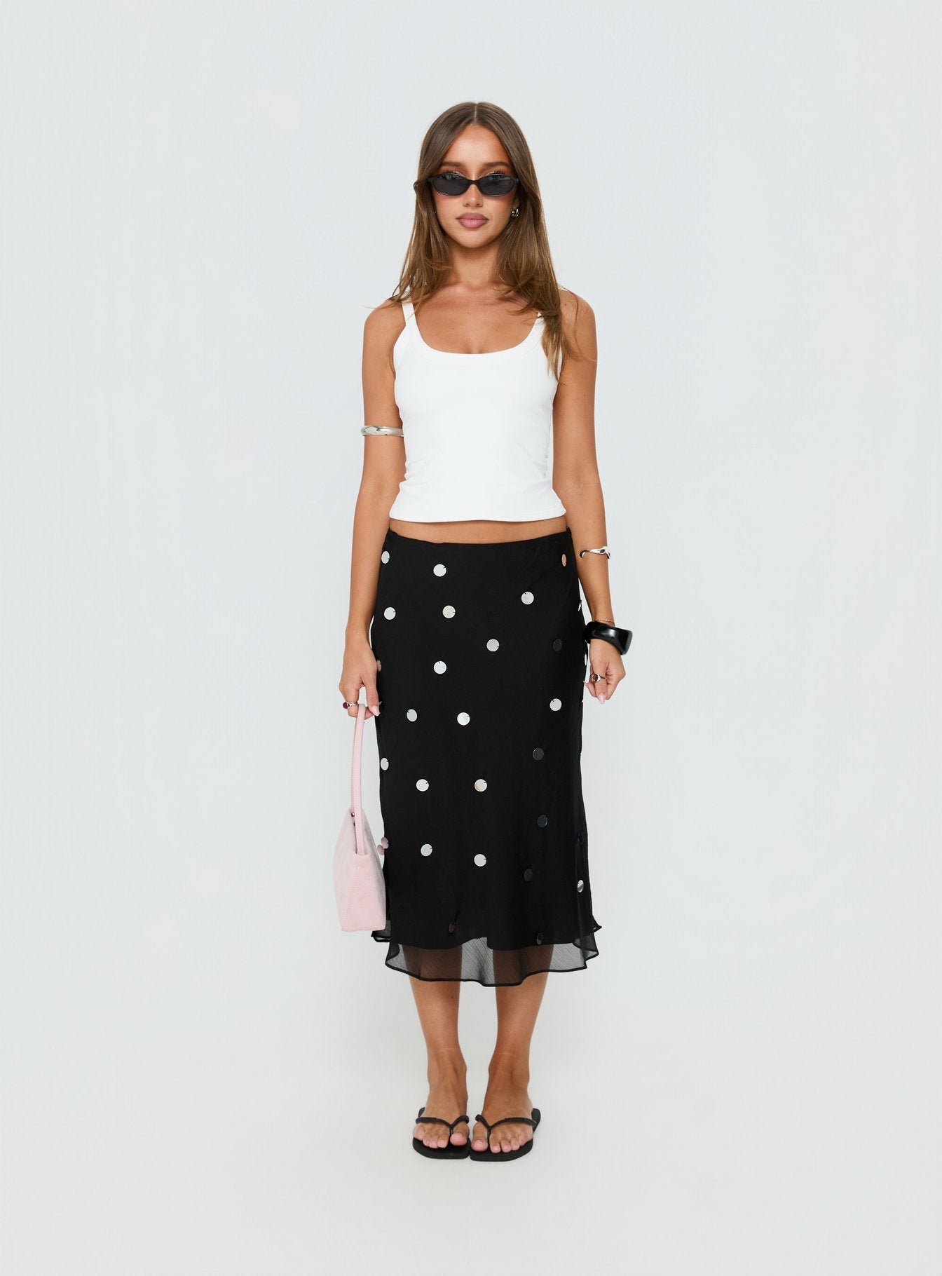   front view of model wearing Princess Polly Kessiah Sequin Midi Skirt Black Midi Skirts 