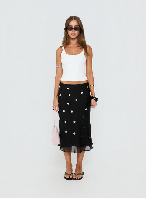   front view of model wearing Princess Polly Kessiah Sequin Midi Skirt Black Midi Skirts 