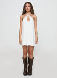 front view of model wearing Princess Polly Thomasina Linen Halter Dress White Plunger 