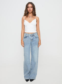 back view of model wearing Princess Polly Plantain Top White Sleeveless V-Neck 