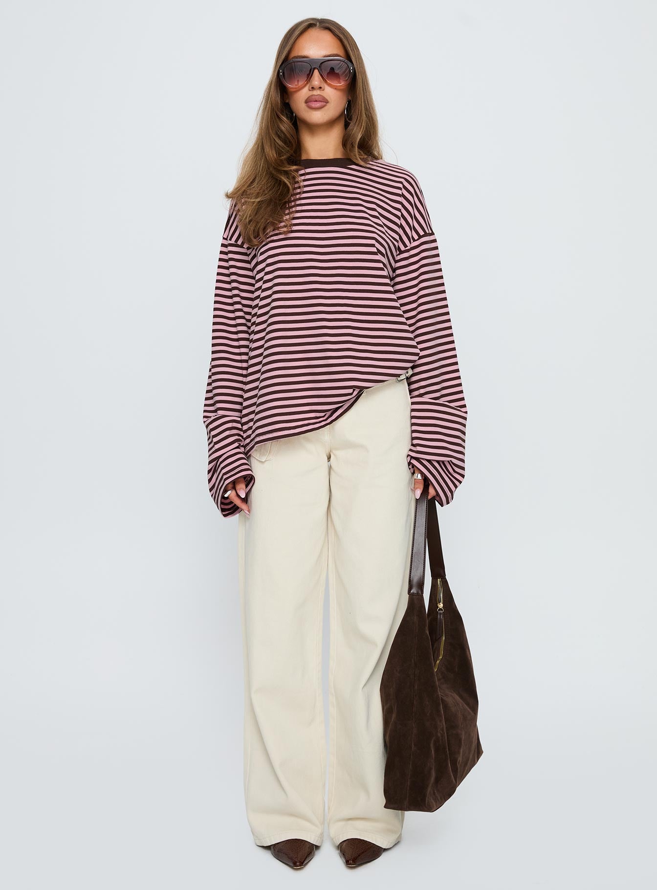 Settle Down Long Sleeve Top Pink / Brown Stripe