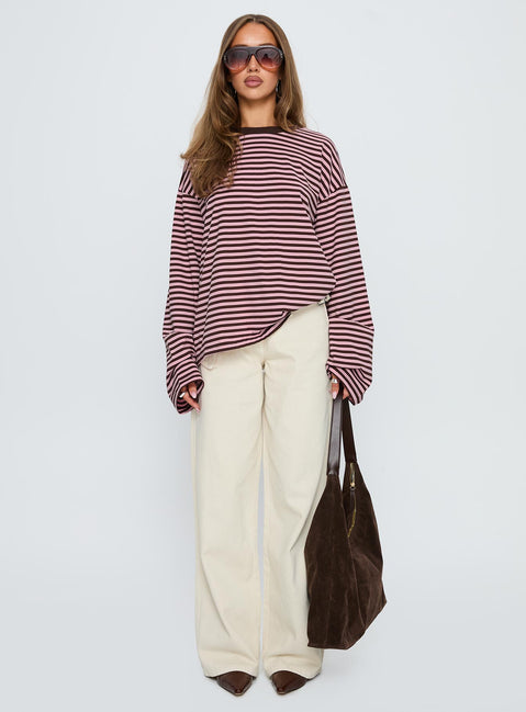 Settle Down Long Sleeve Top Pink / Brown Stripe