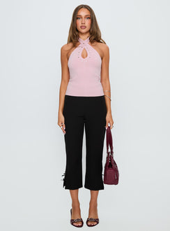 front view of model wearing Princess Polly Glorious Studded Twist Neck Top Pink Sleeveless 