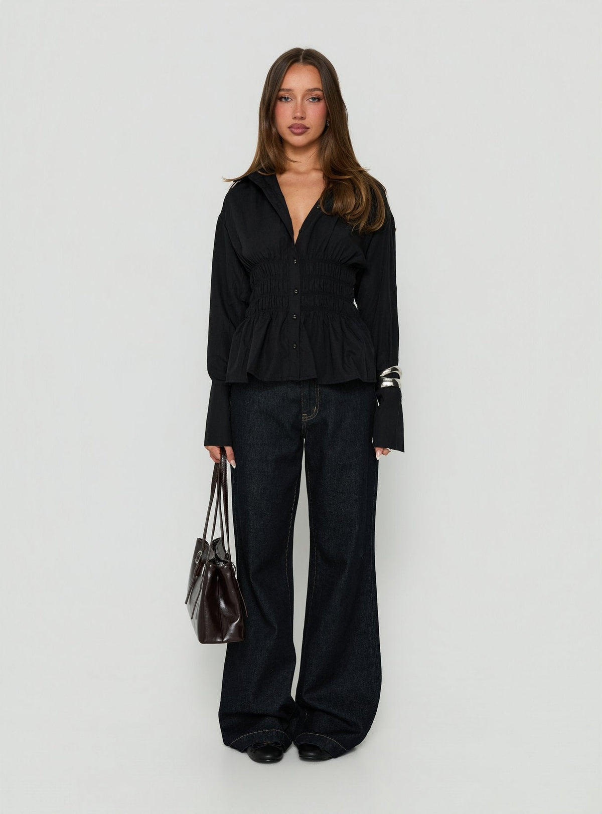 As You Are Shirred Button Up Top Black