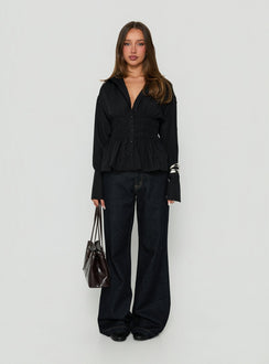 As You Are Shirred Button Up Top Black