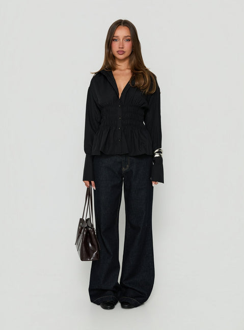 As You Are Shirred Button Up Top Black