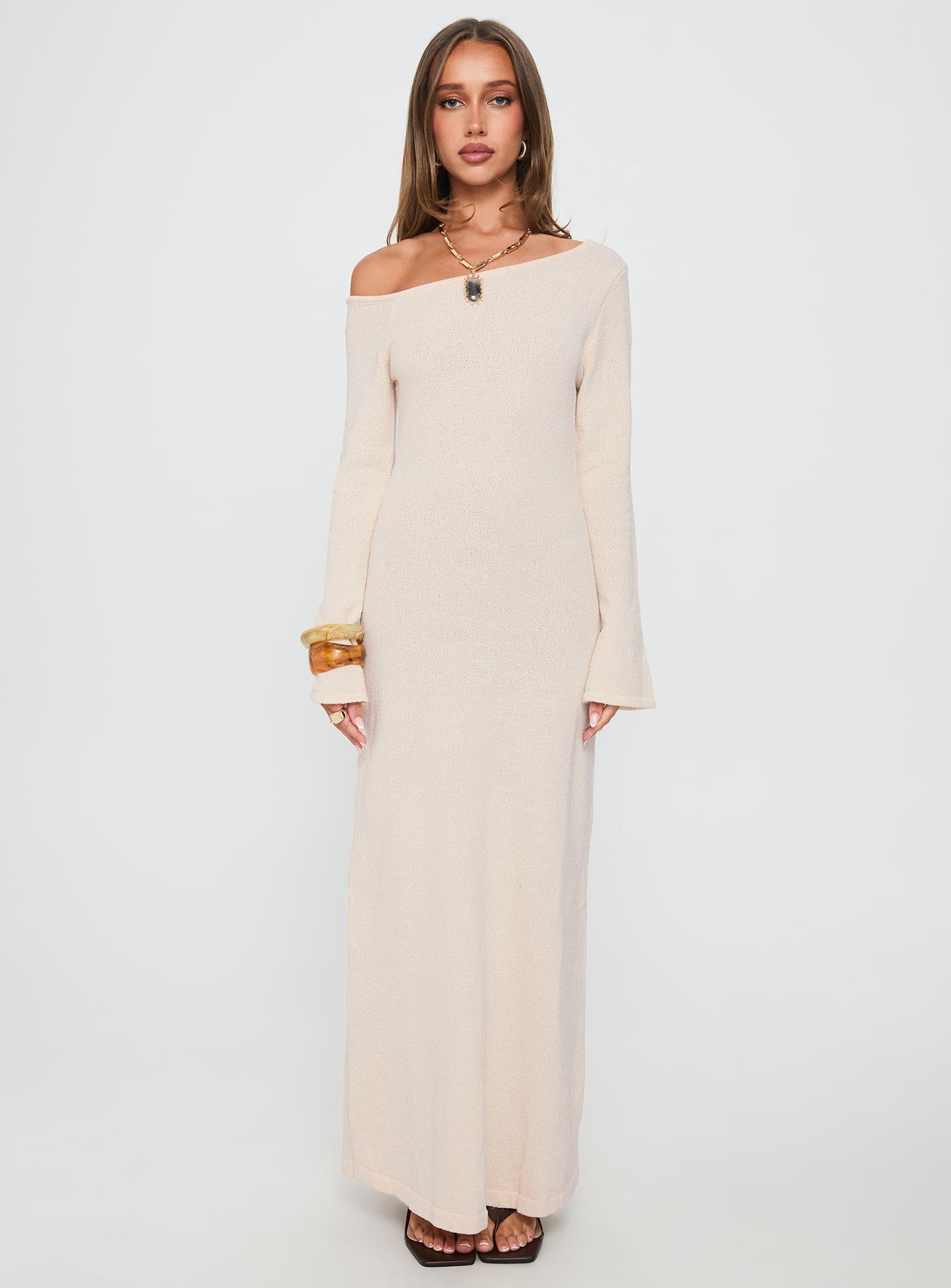 Kloey Long Sleeve Knit Maxi Dress Cream