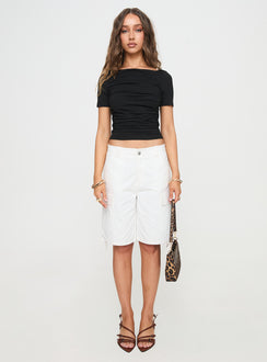 front view of model wearing Princess Polly Peyson Top Black Short Sleeves Scoop Neck 