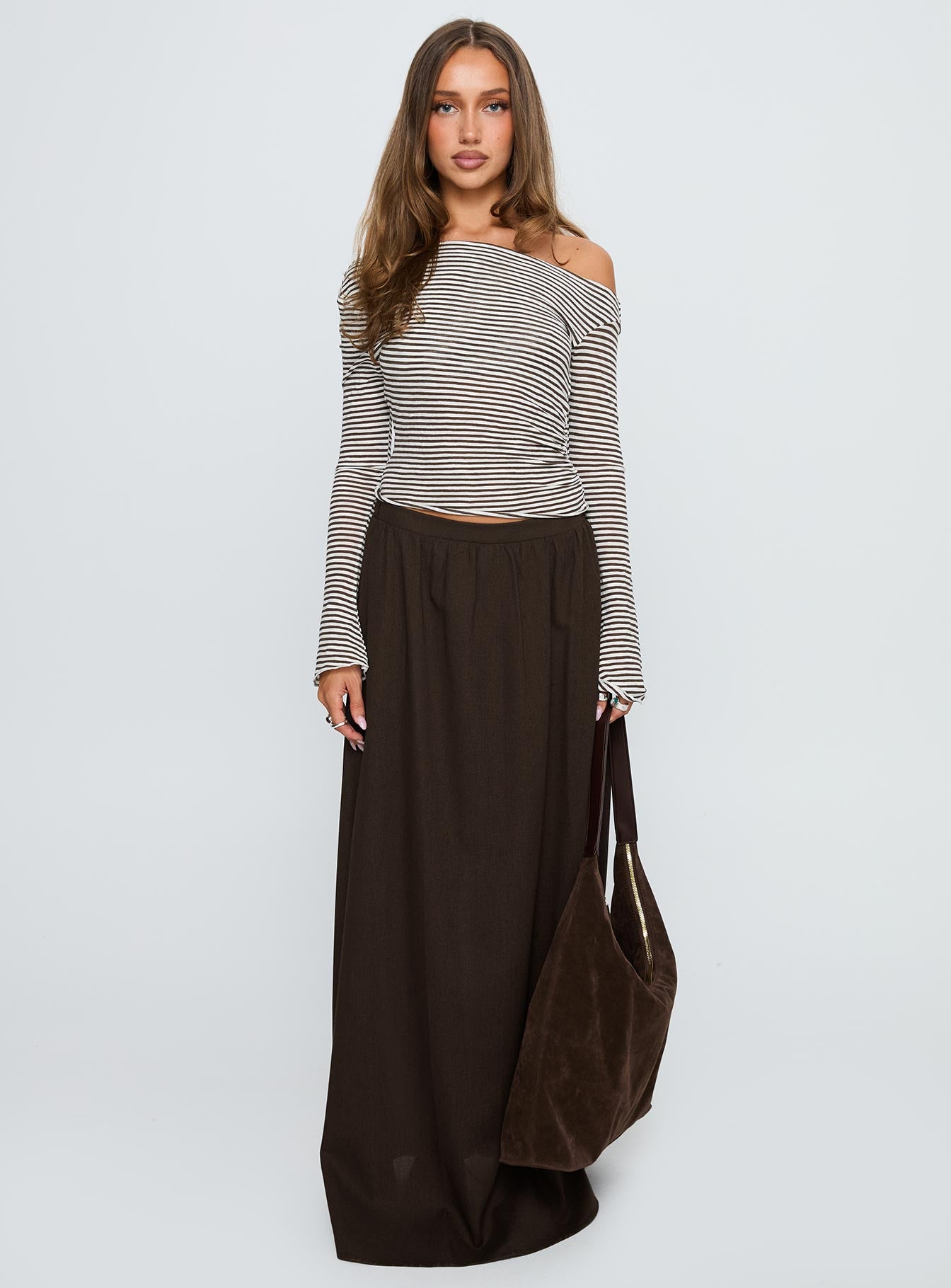   front view of model wearing Princess Polly Hallee Maxi Skirt Brown Maxi 