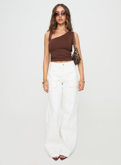 front view of model wearing Princess Polly Chad Cargo Jeans White Denim High Waisted 