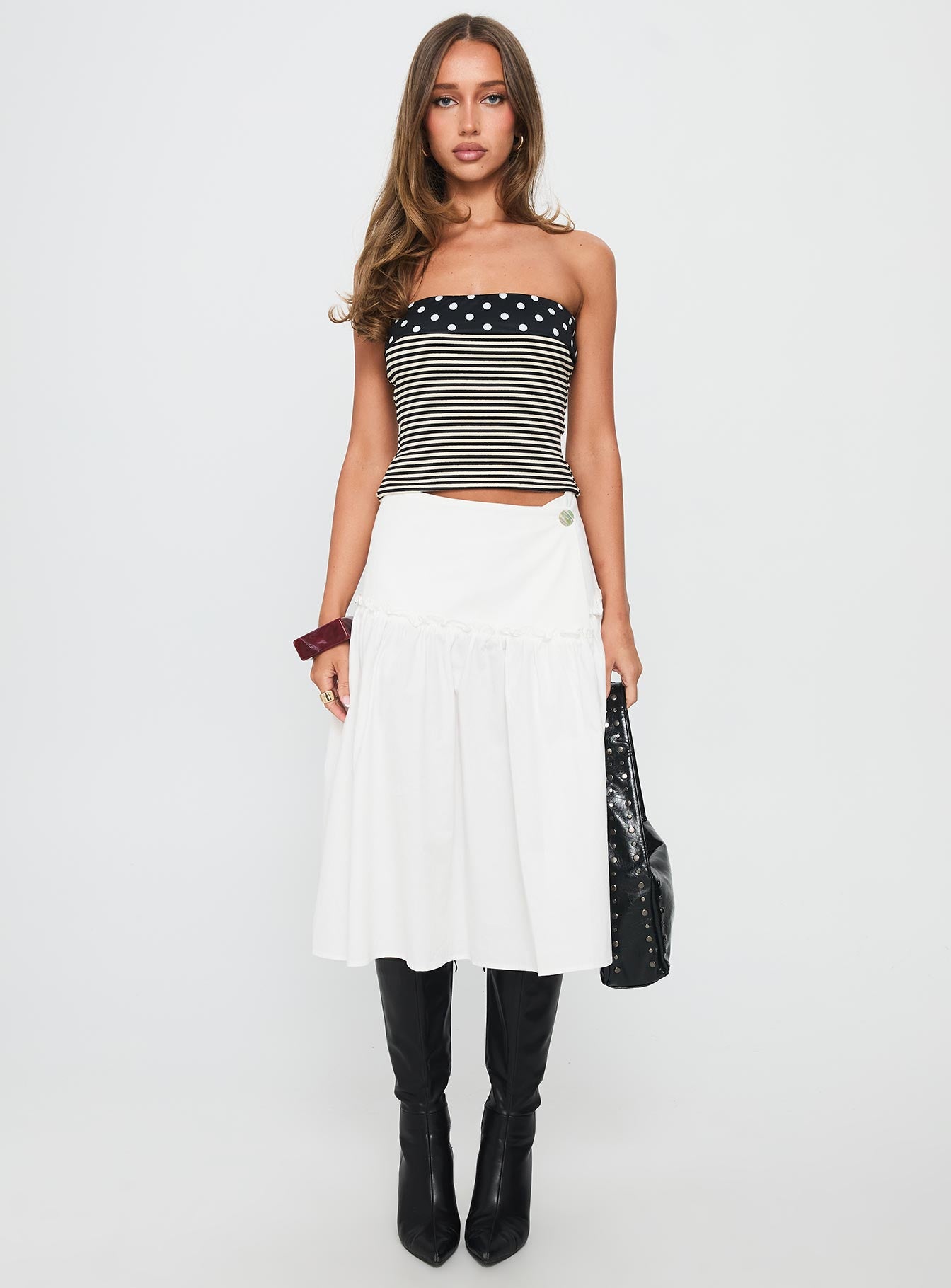   front view of model wearing Princess Polly Jonsie Tiered Frill Midi Skirt White Midi Skirts 