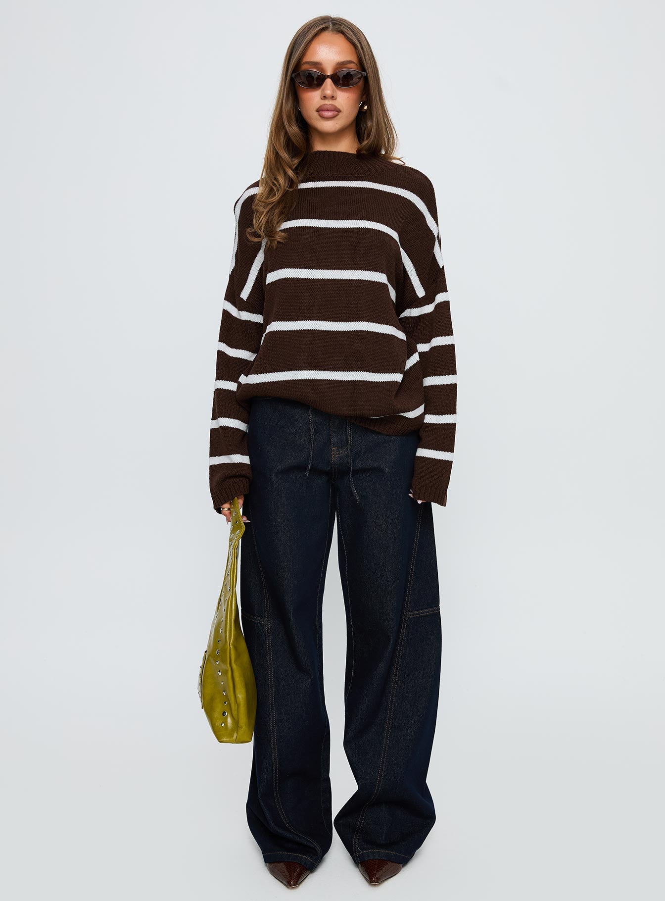 front view of model wearing Princess Polly Alara Mock Neck Knit Sweater Brown Stripe 