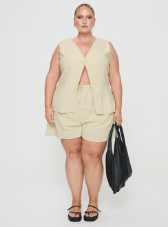 front view of model wearing Princess Polly This Summer Linen Blend Shorts Sand Curve High Waisted Shorts 