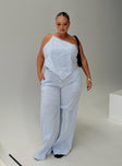 front view of model wearing Princess Polly Collied Low Rise Pants Blue / White Stripe Curve High Waisted Pants 