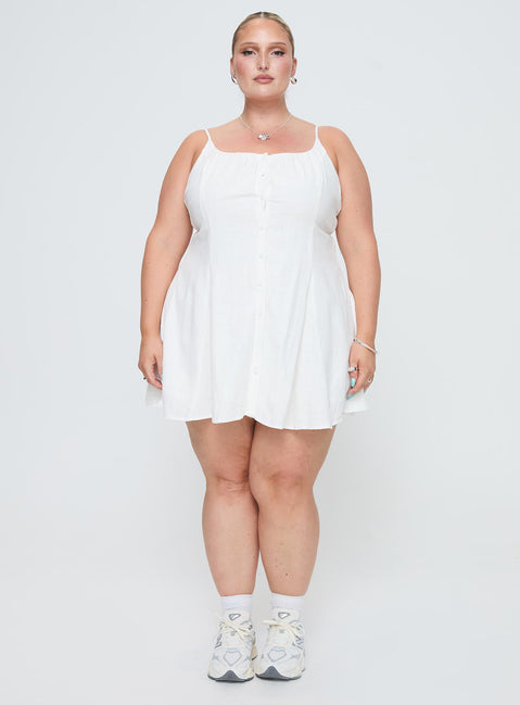 front view of model wearing Princess Polly Elian Linen Blend Mini Dress White Curve Square Neck 