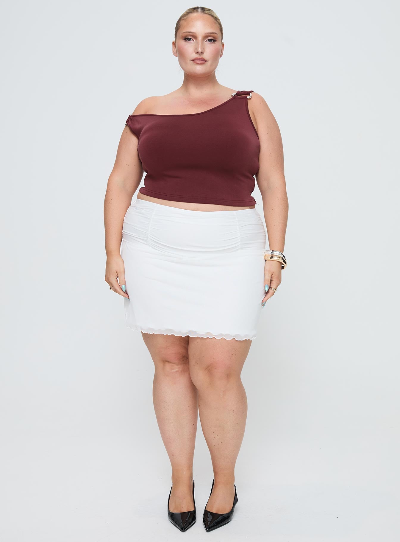   front view of model wearing Princess Polly Meredith Ruched Mini Skirt White Curve Mini Skirts 