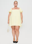 front view of model wearing Princess Polly Beyond Linen Blend Mini Dress Yellow Curve Square Neck 