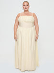 front view of model wearing Princess Polly Slow Dance Linen Blend Maxi Dress Cream / Blue Curve Straight Neck 