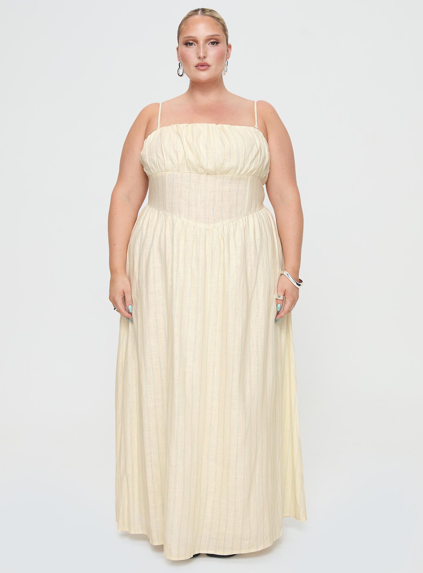 front view of model wearing Princess Polly Slow Dance Linen Blend Maxi Dress Cream / Blue Curve Straight Neck 