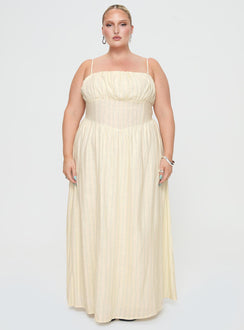 front view of model wearing Princess Polly Slow Dance Linen Blend Maxi Dress Cream / Blue Curve Straight Neck 