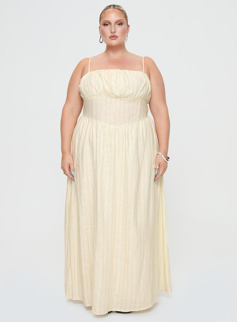 front view of model wearing Princess Polly Slow Dance Linen Blend Maxi Dress Cream / Blue Curve Straight Neck 
