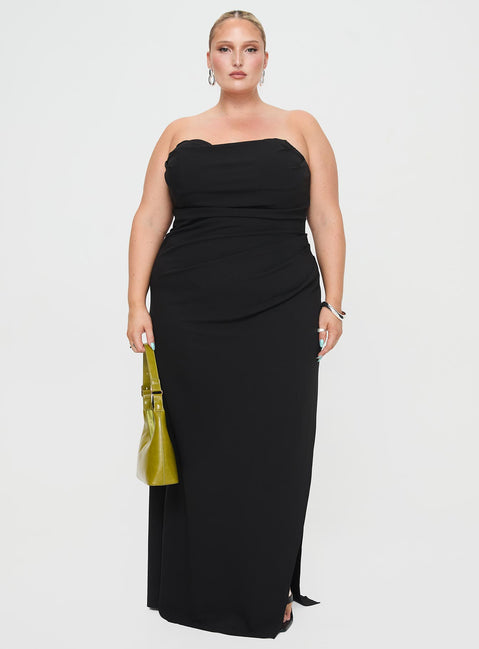 front view of model wearing Princess Polly Ferri Strapless Maxi Dress Black Curve Straight Neck 