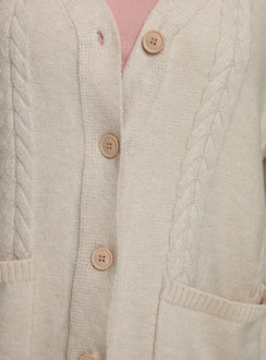 back view of model wearing Princess Polly Cardi Long Sleeve Mini Dress Cream Curve V-Neck 