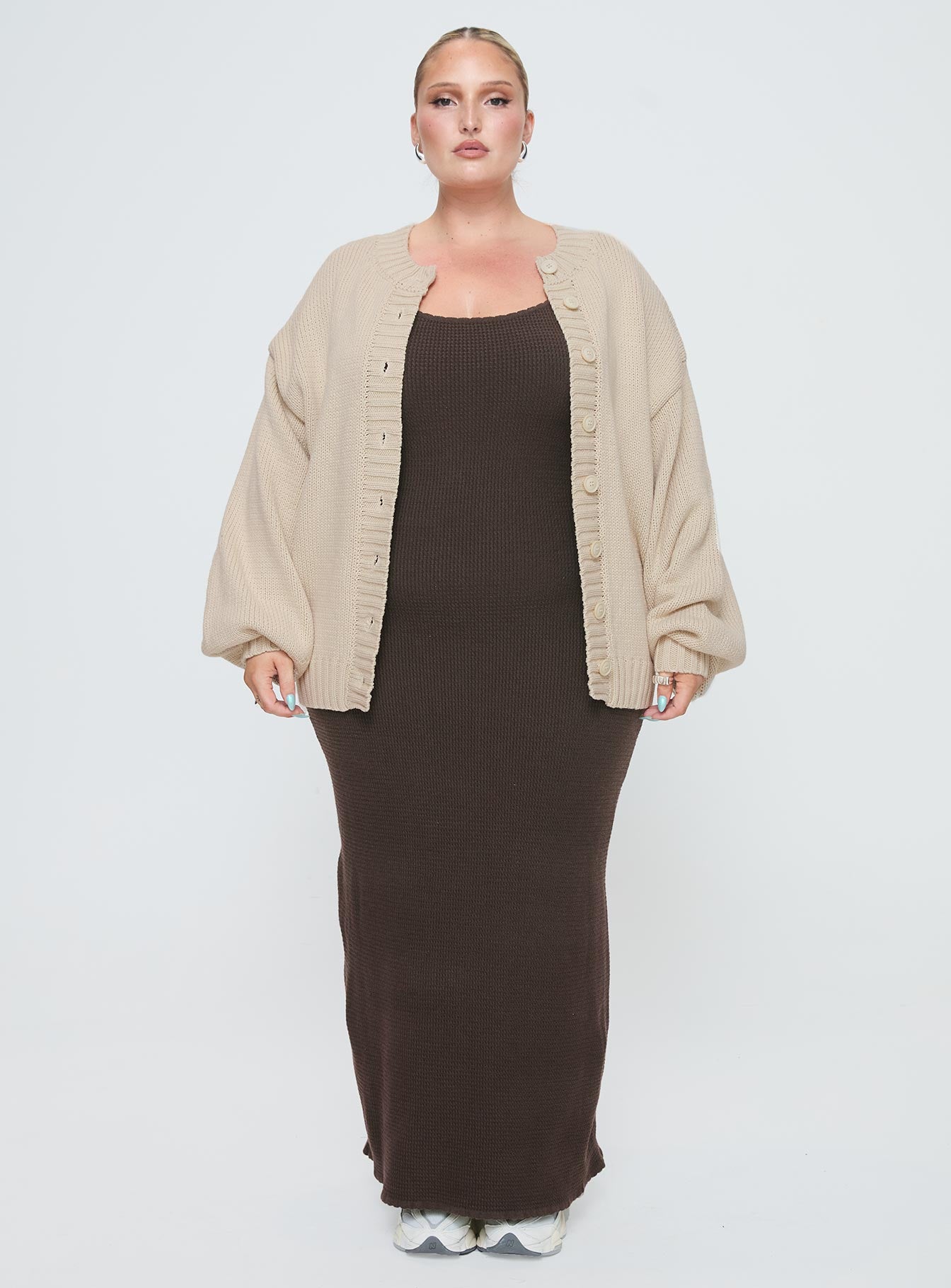 front view of model wearing Princess Polly Edern Cardigan Cream Curve Long 