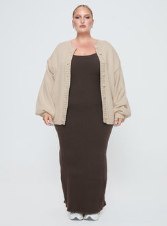 front view of model wearing Princess Polly Edern Cardigan Cream Curve Long 